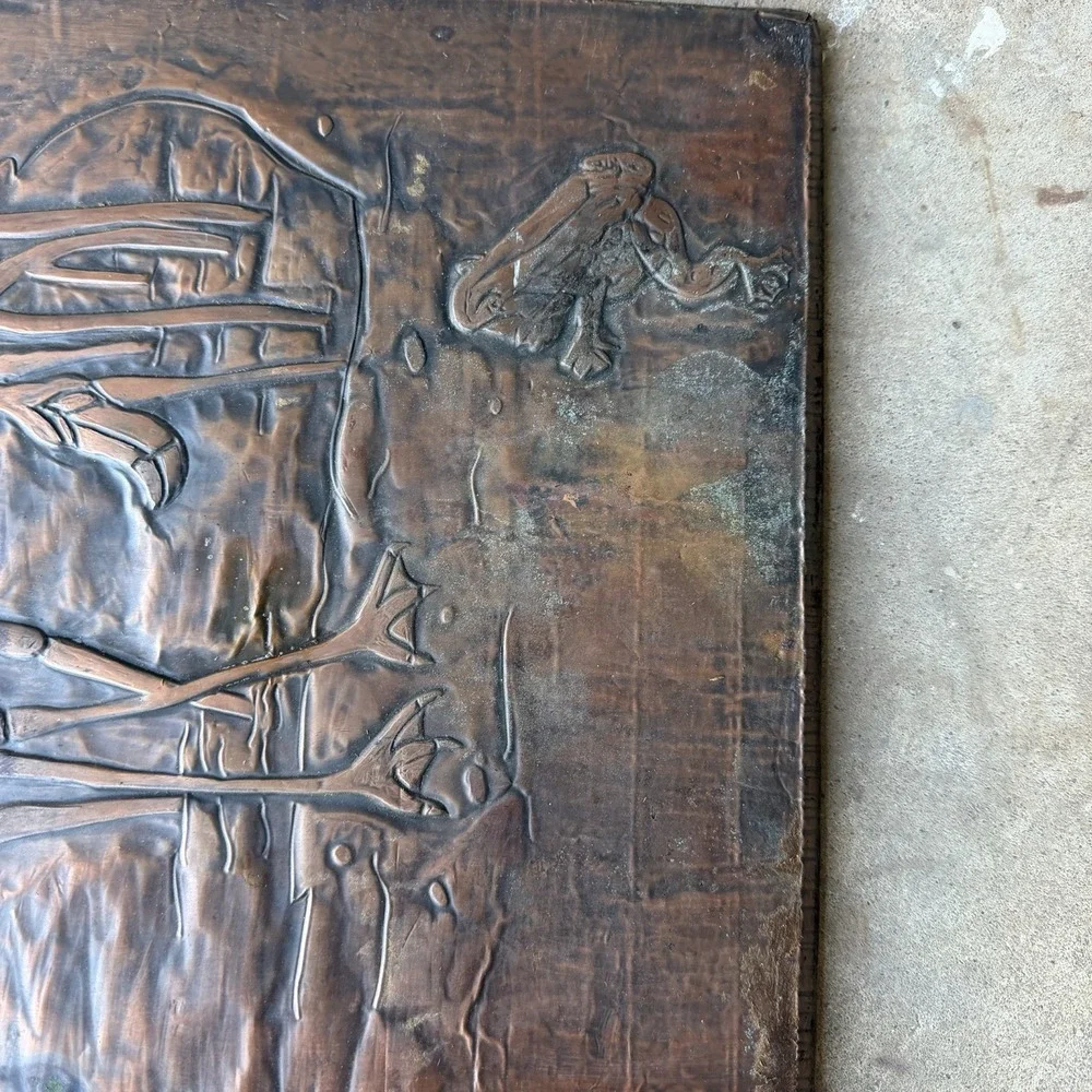 Vintage MCM Copper Relief Wall Art Plaque Embossed Flamingo Heron Bird In Marsh